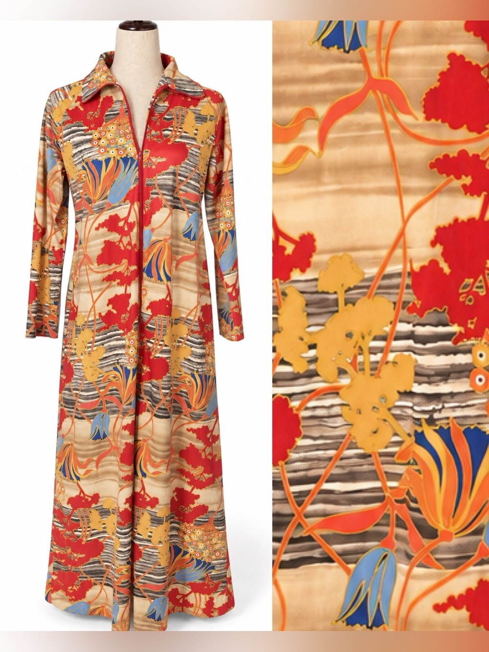 Vintage 70s house dress maxi. Front half zip. Orange yellow, blue colorful -M